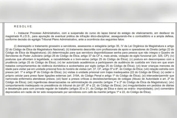 TJ/RO demite Juiz Substituto por sequência de condutas consideradas incompatíveis com a magistratura
